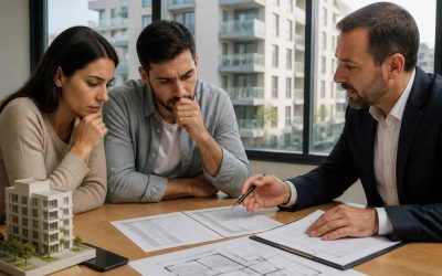 Homebuyer reviewing mortgage documents and property plans with a real estate professional in a modern office