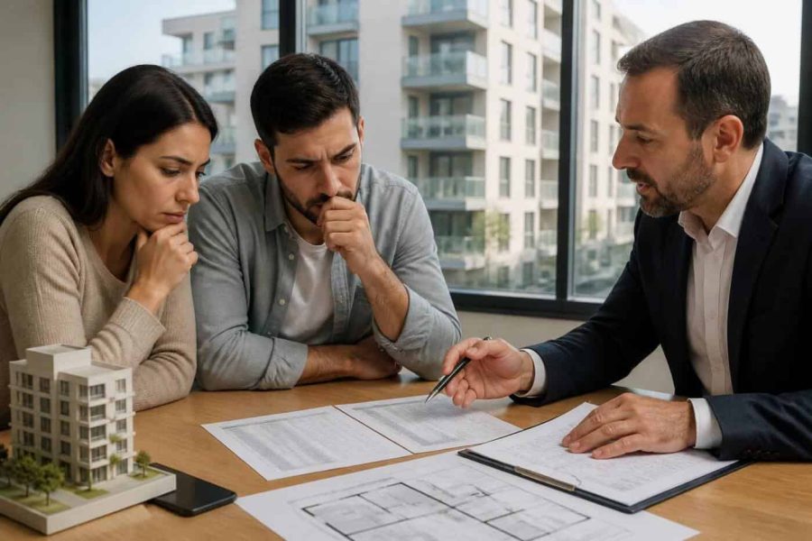 Homebuyer reviewing mortgage documents and property plans with a real estate professional in a modern office