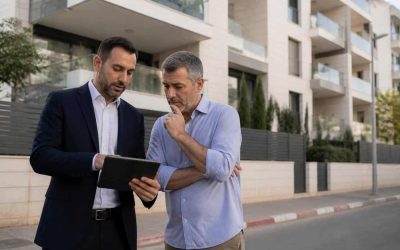 Modern Israeli apartment building with a real estate agent reviewing listing details on a tablet