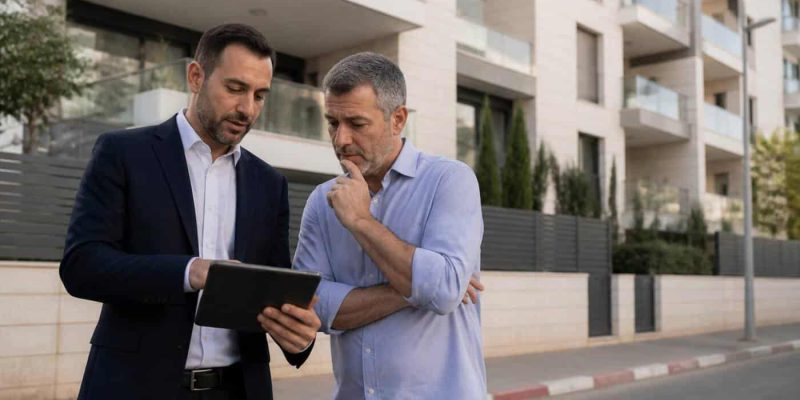 Modern Israeli apartment building with a real estate agent reviewing listing details on a tablet