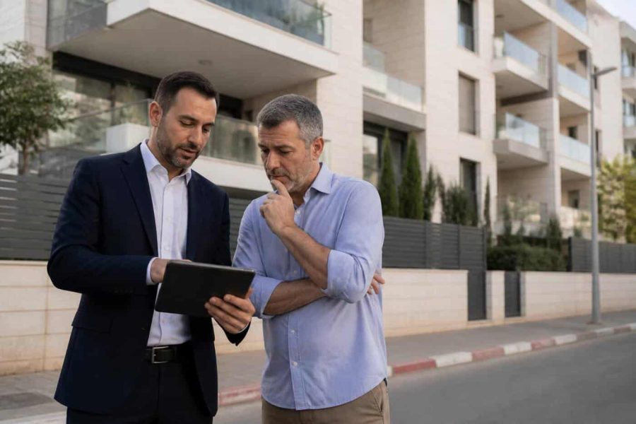 Modern Israeli apartment building with a real estate agent reviewing listing details on a tablet