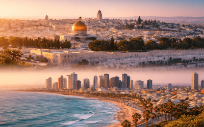 Wide panoramic view of Jerusalem and Tel Aviv at golden hour