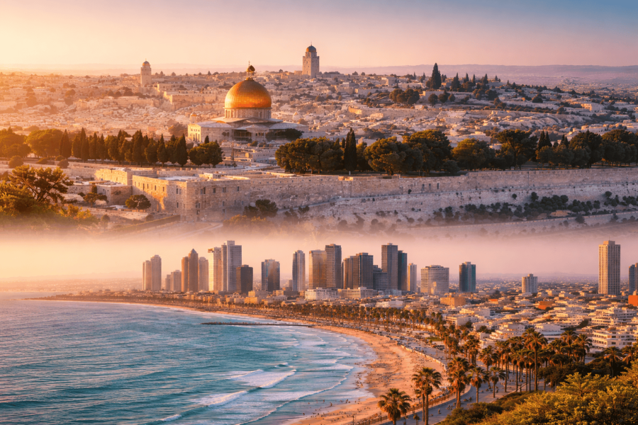 Wide panoramic view of Jerusalem and Tel Aviv at golden hour