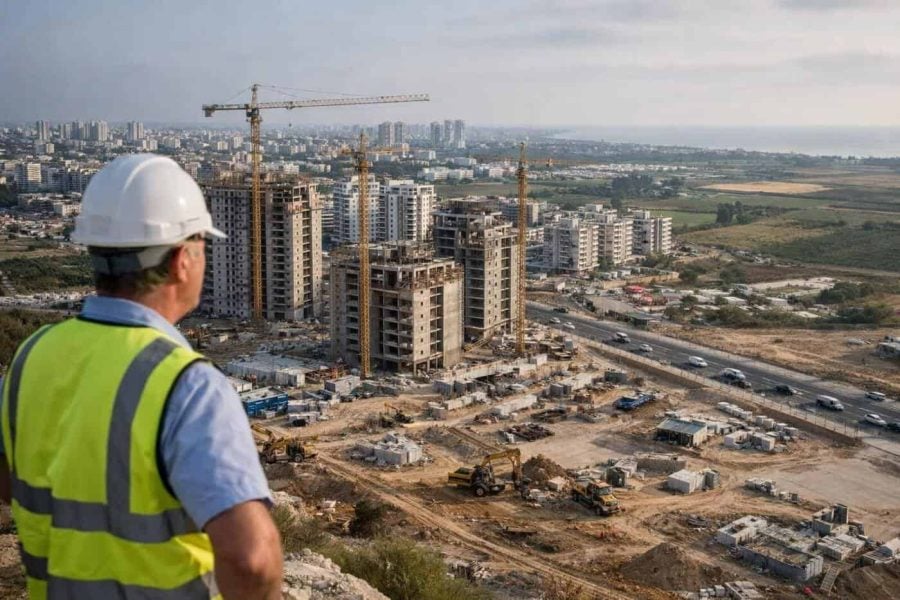Aerial view of Yavne city skyline and construction developments under the new master plan
