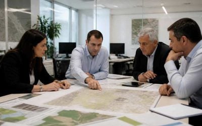 Government planning officials reviewing land development maps in a modern Israeli office