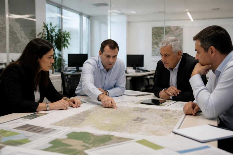 Government planning officials reviewing land development maps in a modern Israeli office