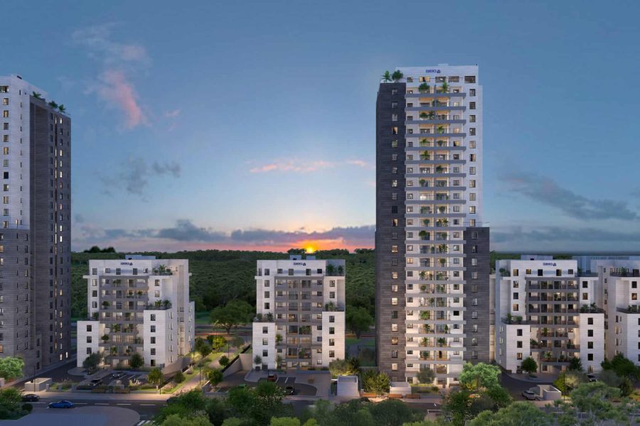 Modern apartments in a serene setting at sunset.